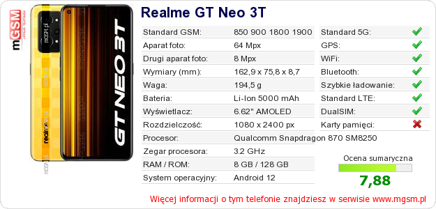 Dane telefonu Realme GT Neo 3T