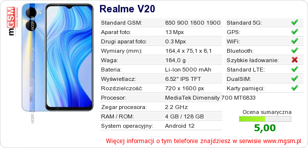 Dane telefonu Realme V20 Dane telefonu Realme V20