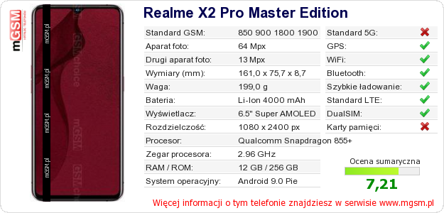 Dane telefonu Realme X2 Pro Master Edition Dane telefonu Realme X2 Pro Master Edition