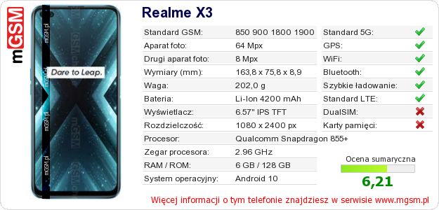 Dane telefonu Realme X3