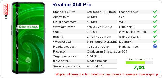 Dane telefonu Realme X50 Pro