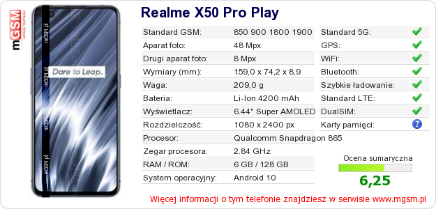 Dane telefonu Realme X50 Pro Play
