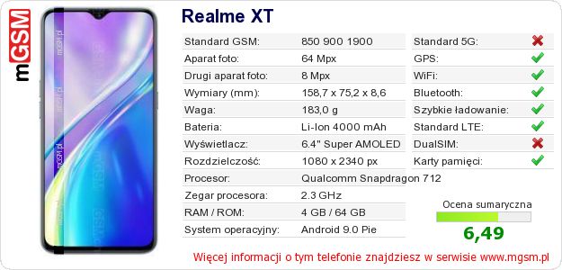 Dane telefonu Realme XT Dane telefonu Realme XT