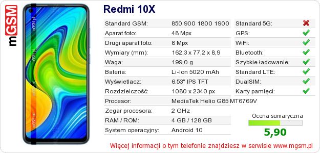 Dane telefonu Redmi 10X Dane telefonu Redmi 10X