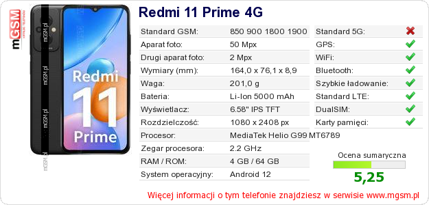 Dane telefonu Redmi 11 Prime 4G
