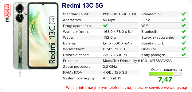 Dane telefonu Redmi 13C 5G