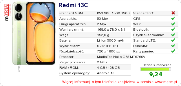Dane telefonu Redmi 13C
