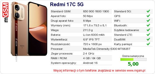 Dane telefonu Redmi 17C 5G