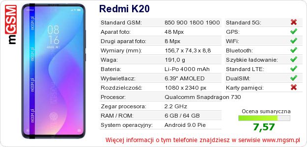 Dane telefonu Redmi K20 Dane telefonu Redmi K20