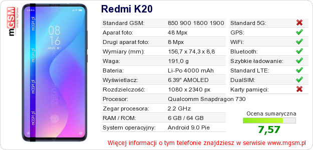 Dane telefonu Redmi K20