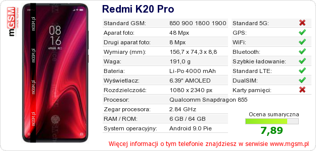 Dane telefonu Redmi K20 Pro