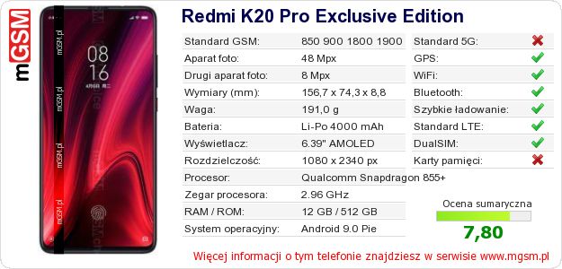 Dane telefonu Redmi K20 Pro Exclusive Edition Dane telefonu Redmi K20 Pro Exclusive Edition
