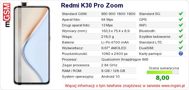 Dane telefonu Redmi K30 Pro Zoom