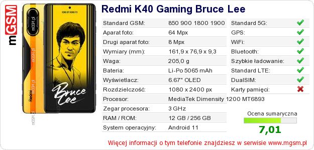 Dane telefonu Redmi K40 Gaming Bruce Lee