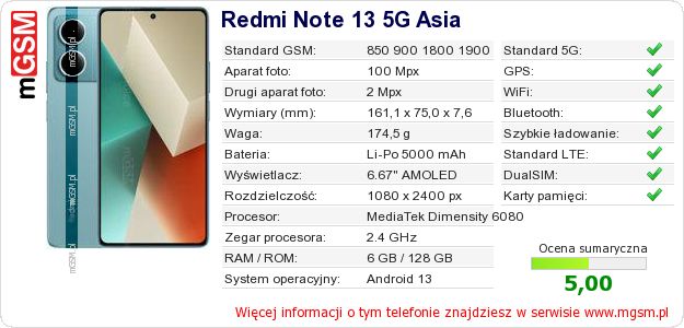 Dane telefonu Redmi Note 13 5G Asia