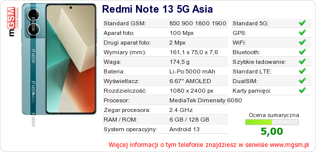 Dane telefonu Redmi Note 13 5G Asia Dane telefonu Redmi Note 13 5G Asia