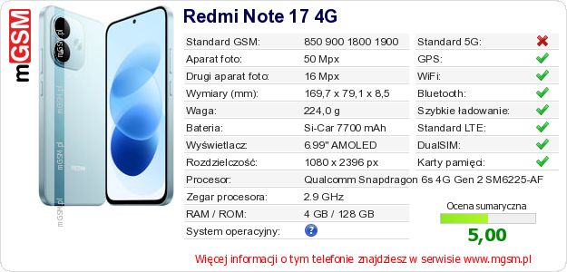 Dane telefonu Redmi Note 17 4G Dane telefonu Redmi Note 17 4G
