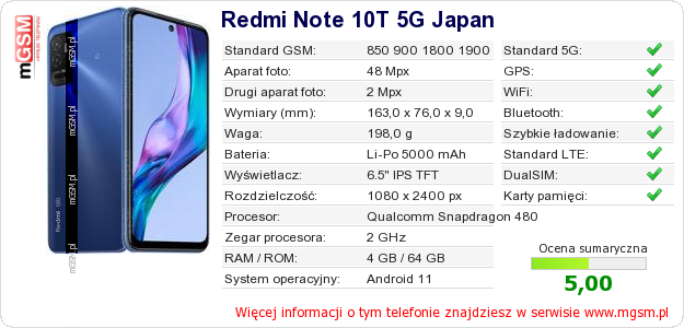 Dane telefonu Redmi Note 10T 5G Japan