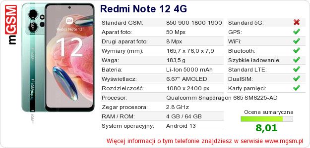Dane telefonu Redmi Note 12 4G