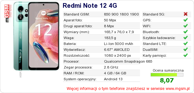 Dane telefonu Redmi Note 12 4G