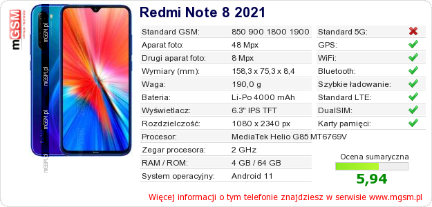 Dane telefonu Redmi Note 8 2021 Dane telefonu Redmi Note 8 2021