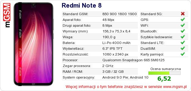 Dane telefonu Redmi Note 8 Dane telefonu Redmi Note 8