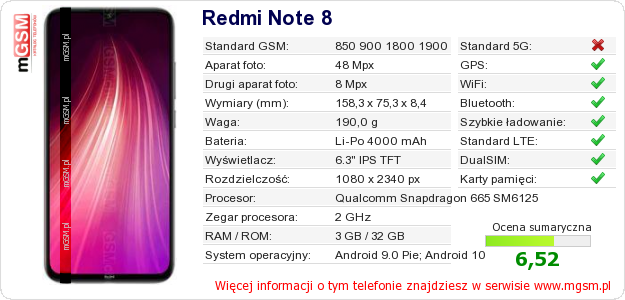 Dane telefonu Redmi Note 8