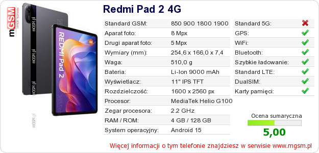 Dane telefonu Redmi Pad 2 4G Dane telefonu Redmi Pad 2 4G
