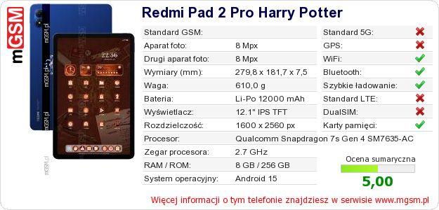 Dane telefonu Redmi Pad 2 Pro Harry Potter