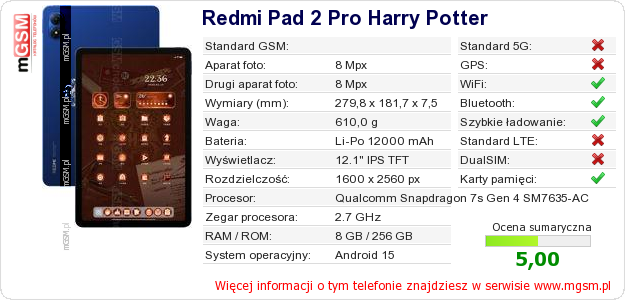 Dane telefonu Redmi Pad 2 Pro Harry Potter
