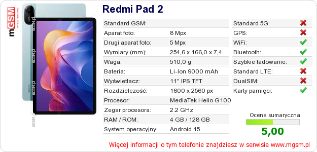 Dane telefonu Redmi Pad 2 Dane telefonu Redmi Pad 2