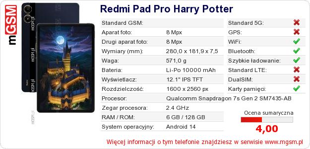 Dane telefonu Redmi Pad Pro Harry Potter Dane telefonu Redmi Pad Pro Harry Potter