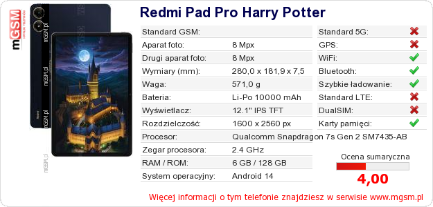 Dane telefonu Redmi Pad Pro Harry Potter