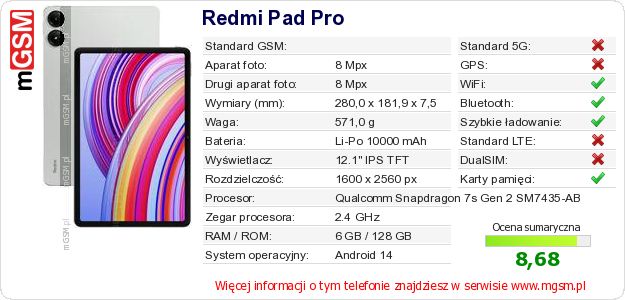 Dane telefonu Redmi Pad Pro Dane telefonu Redmi Pad Pro