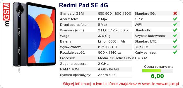 Dane telefonu Redmi Pad SE 4G
