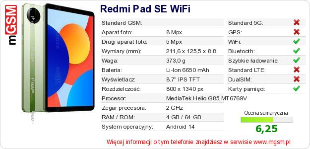 Dane telefonu Redmi Pad SE WiFi Dane telefonu Redmi Pad SE WiFi