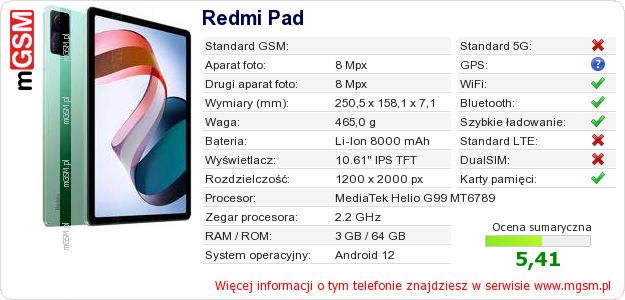 Dane telefonu Redmi Pad Dane telefonu Redmi Pad