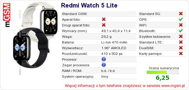 Dane telefonu Redmi Watch 5 Lite