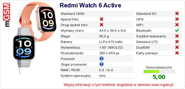 Dane telefonu Redmi Watch 6 Active Dane telefonu Redmi Watch 6 Active