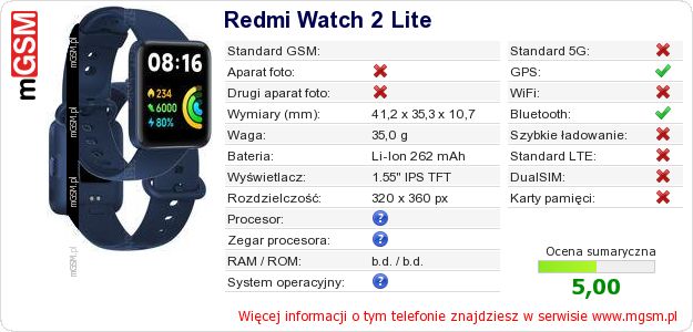 Dane telefonu Redmi Watch 2 Lite