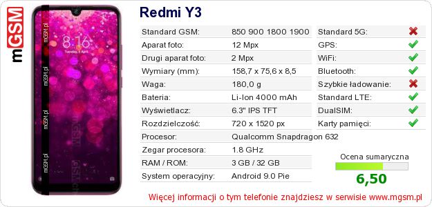 Dane telefonu Redmi Y3 Dane telefonu Redmi Y3
