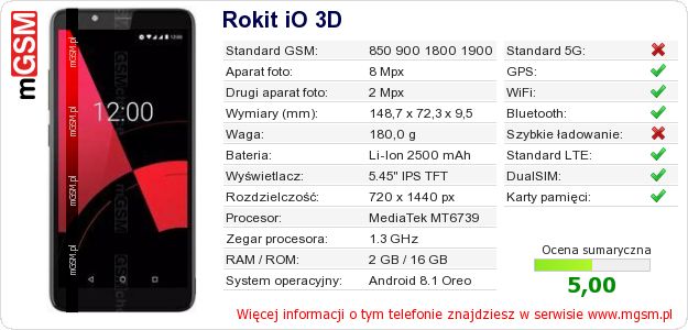 Dane telefonu Rokit iO 3D Dane telefonu Rokit iO 3D