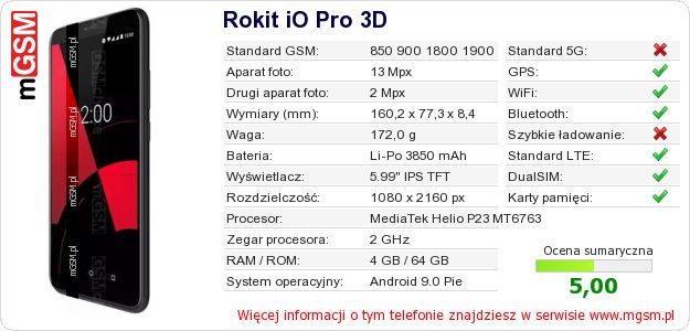 Dane telefonu Rokit iO Pro 3D Dane telefonu Rokit iO Pro 3D