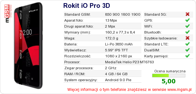 Dane telefonu Rokit iO Pro 3D