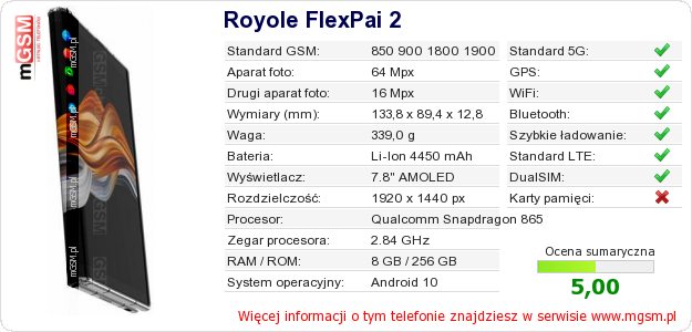 Dane telefonu Royole FlexPai 2 Dane telefonu Royole FlexPai 2