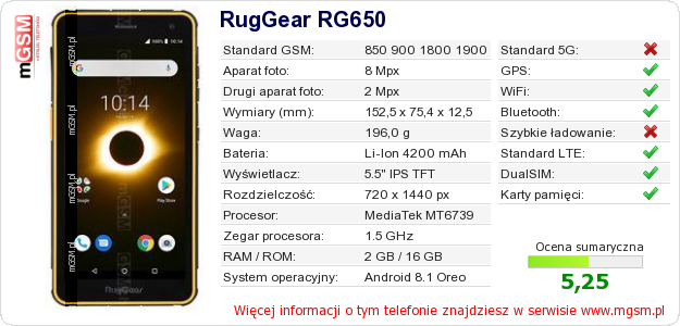 Dane telefonu RugGear RG650 Dane telefonu RugGear RG650