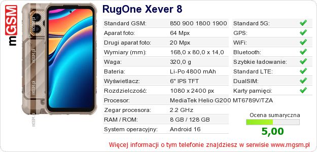 Dane telefonu RugOne Xever 8