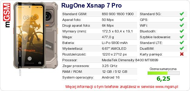 Dane telefonu RugOne Xsnap 7 Pro Dane telefonu RugOne Xsnap 7 Pro