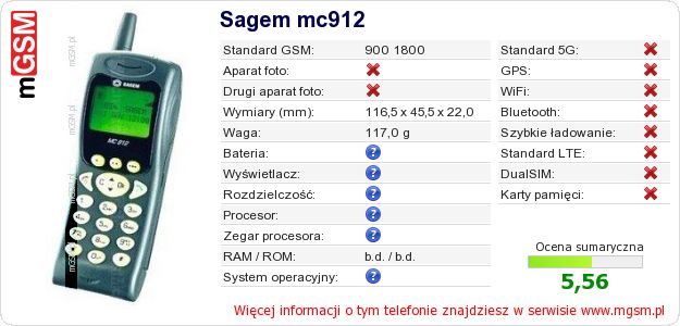 Dane telefonu Sagem mc912