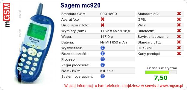 Dane telefonu Sagem mc920